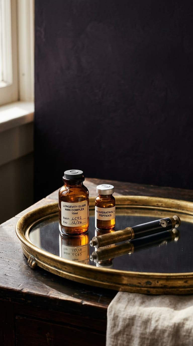 Amber glass vials and an injection pen on a gold tray, warm window light